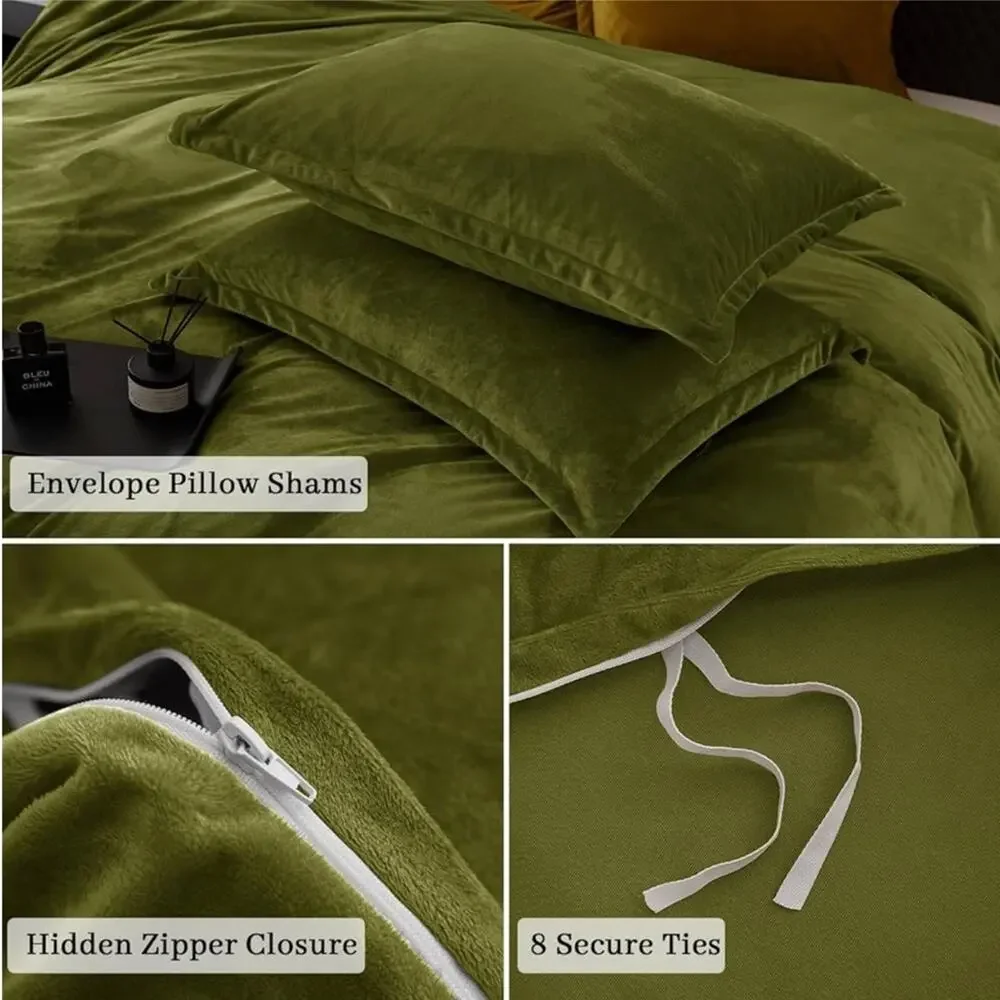 🆕 Olive Green Velvet Luxury Duvet Set Bedding High End Hotel Vibes QUEEN SET